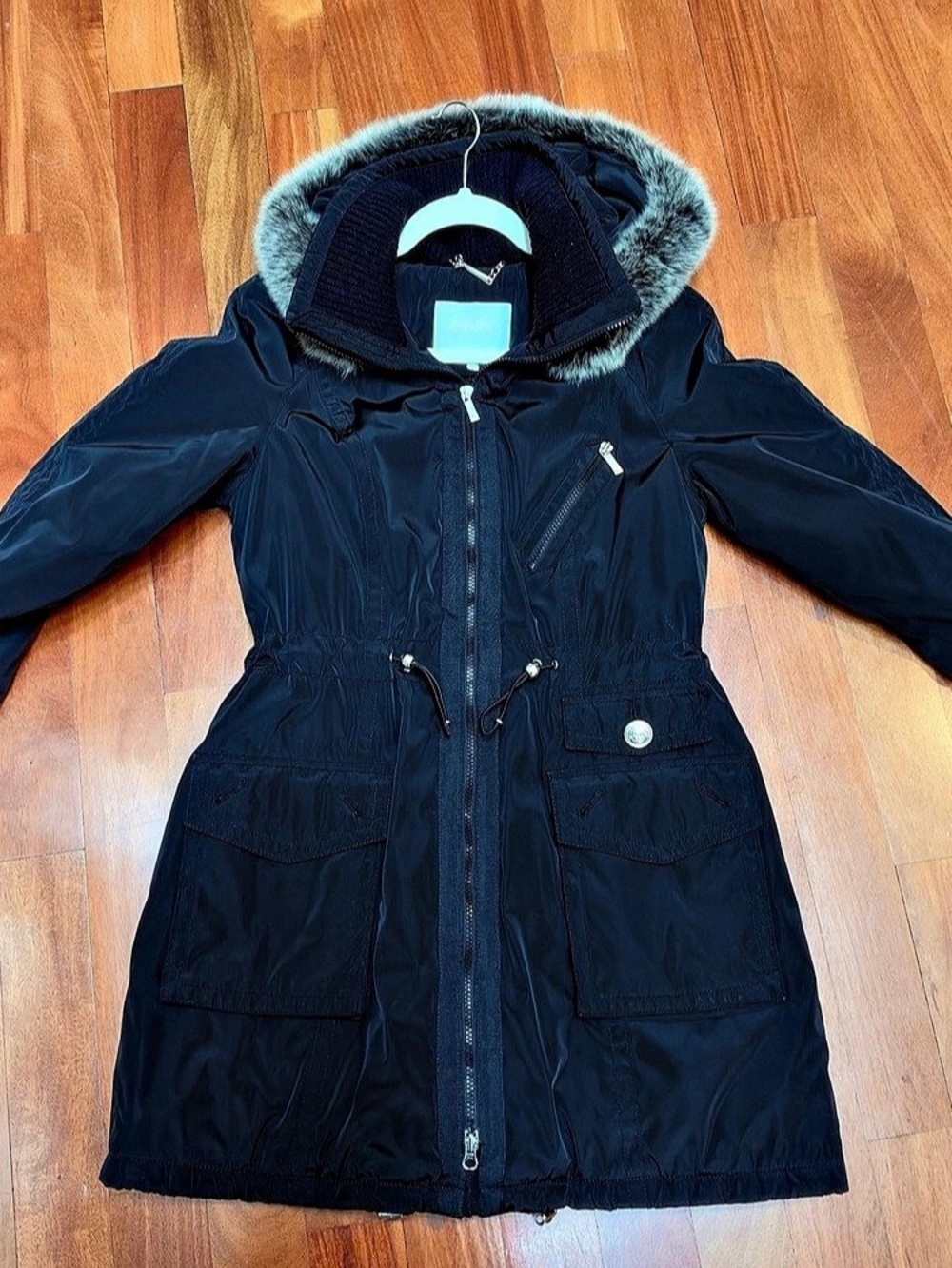Laundry by Shelli Segal Faux Fur Trim Hooded Parka Coat Black Medium